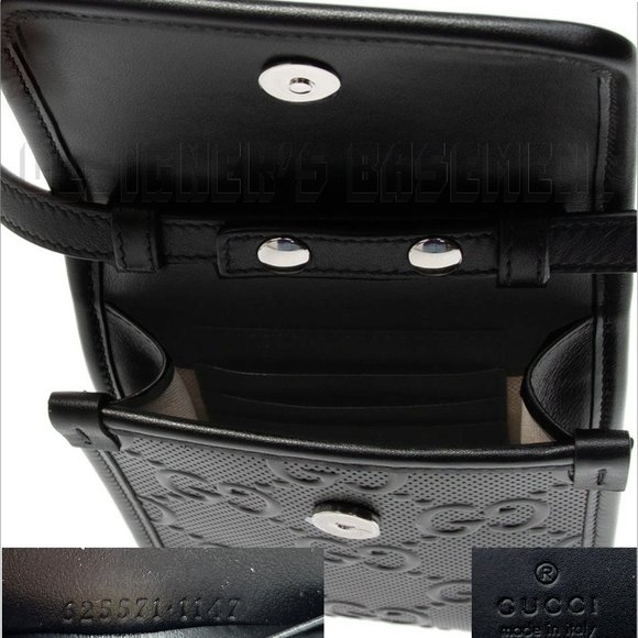 GUCCI black GG TENNIS smooth Perforated GUCCISSIMA Leather CrossBody PHONE bagπ - Picture 6 of 11
